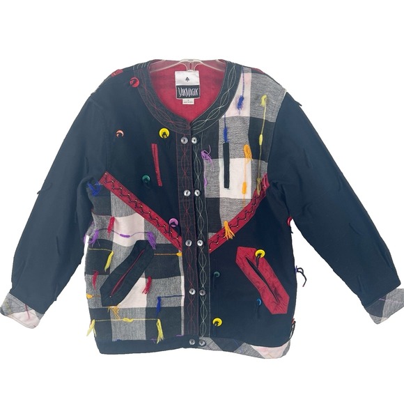 Jackets & Blazers - YAK MAGIK Black Red Patchwork Artsy Button Fringe Art to Wear Jacket Size SMALL‎